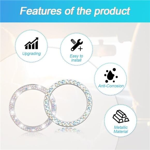 Multi-Color Car Start Button Bling Rhinestone Diamond Engine Button Ring 2-Pack - Picture 3 of 7
